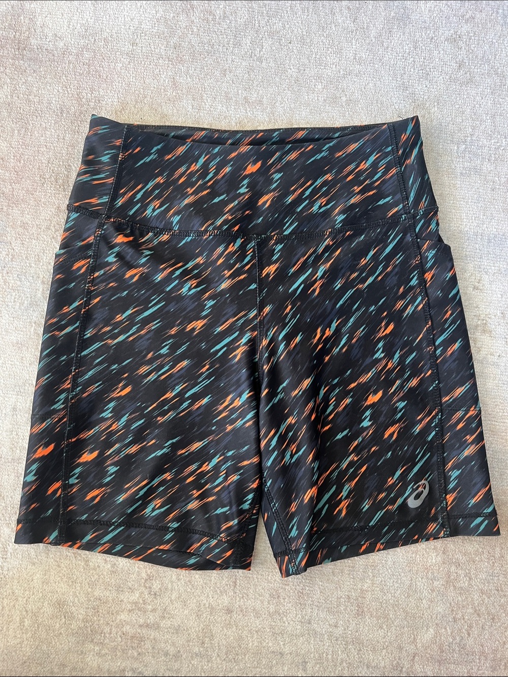 Asics Black Athletic Shorts with Teal & Orange Splash